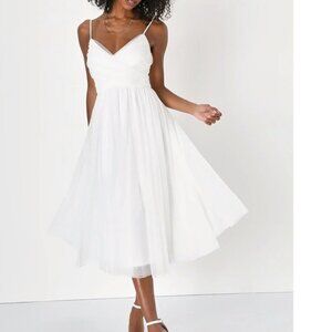 Lulus Sweet Serenade White Tulle Swiss Dot Surplice Midi Dress Size Medium NWOT